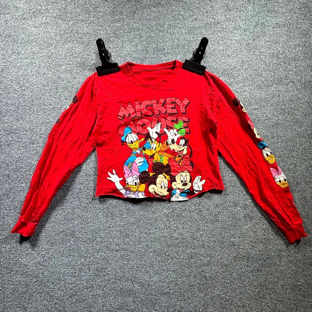 Disney Mickey Mouse & Friends Crop T-Shirt Womens Small Red Graphic Long Sleeve